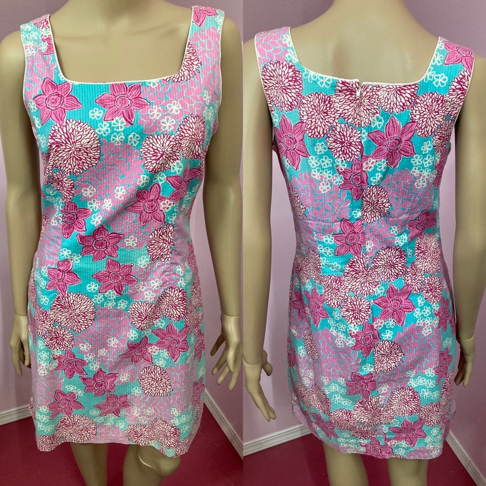 Vintage 90s Lilly Pulitzer Blue Dolphin Firecracker Print Shift Dress. Size 4